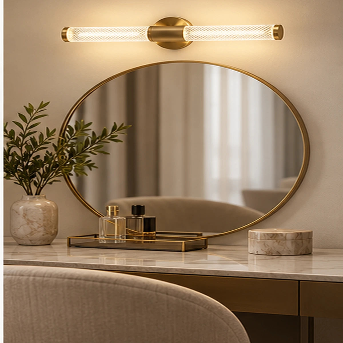 Textured cylinder mirror light in a gallery wall setting