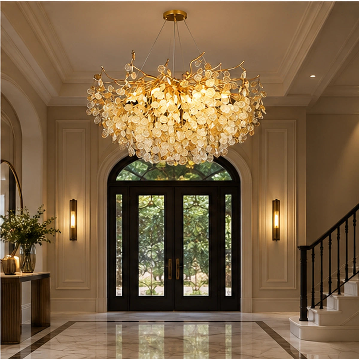 Crystal leaf chandelier in a foyer