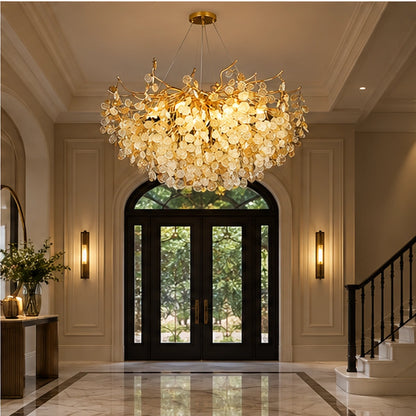 Crystal leaf chandelier in a foyer