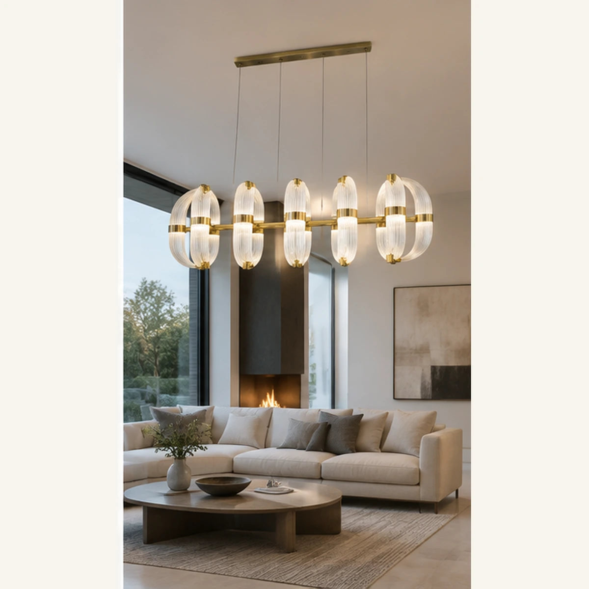 Ribbed glass linear chandelier in an open-plan room