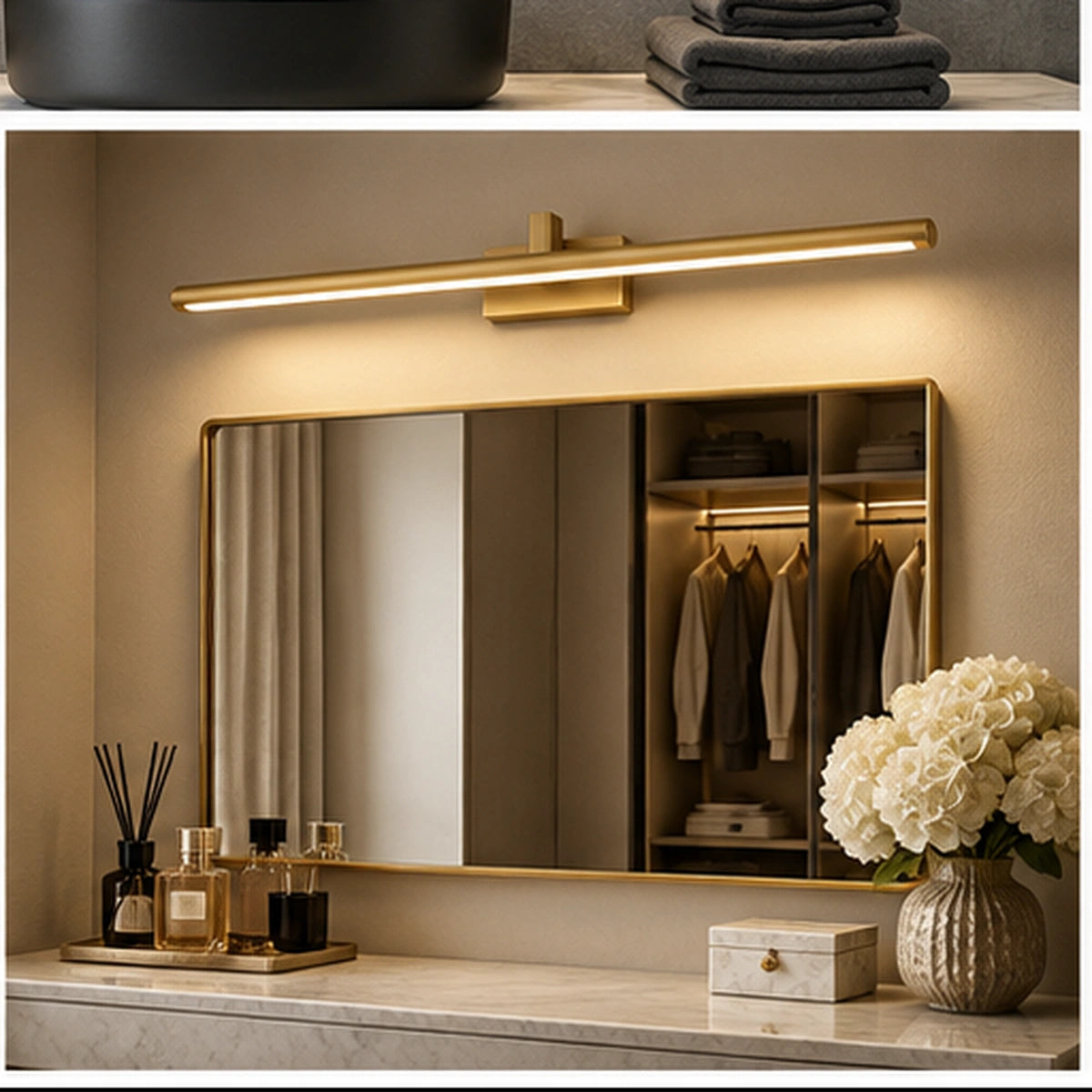 Gold slim linear mirror light in a dressing room