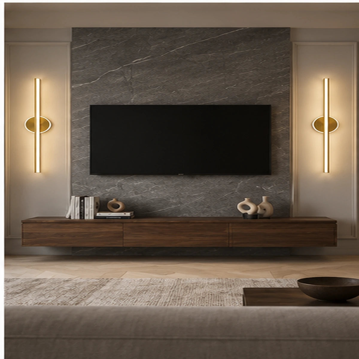 Geometric linear wall light in a gallery wall setting