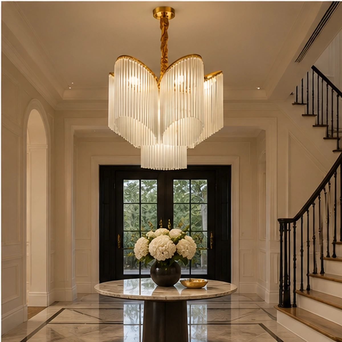 White glass fringe chandelier in a foyer