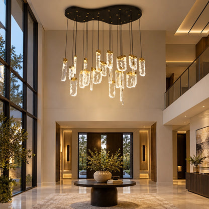 Twenty-two-light clear loop chandelier above a dining table