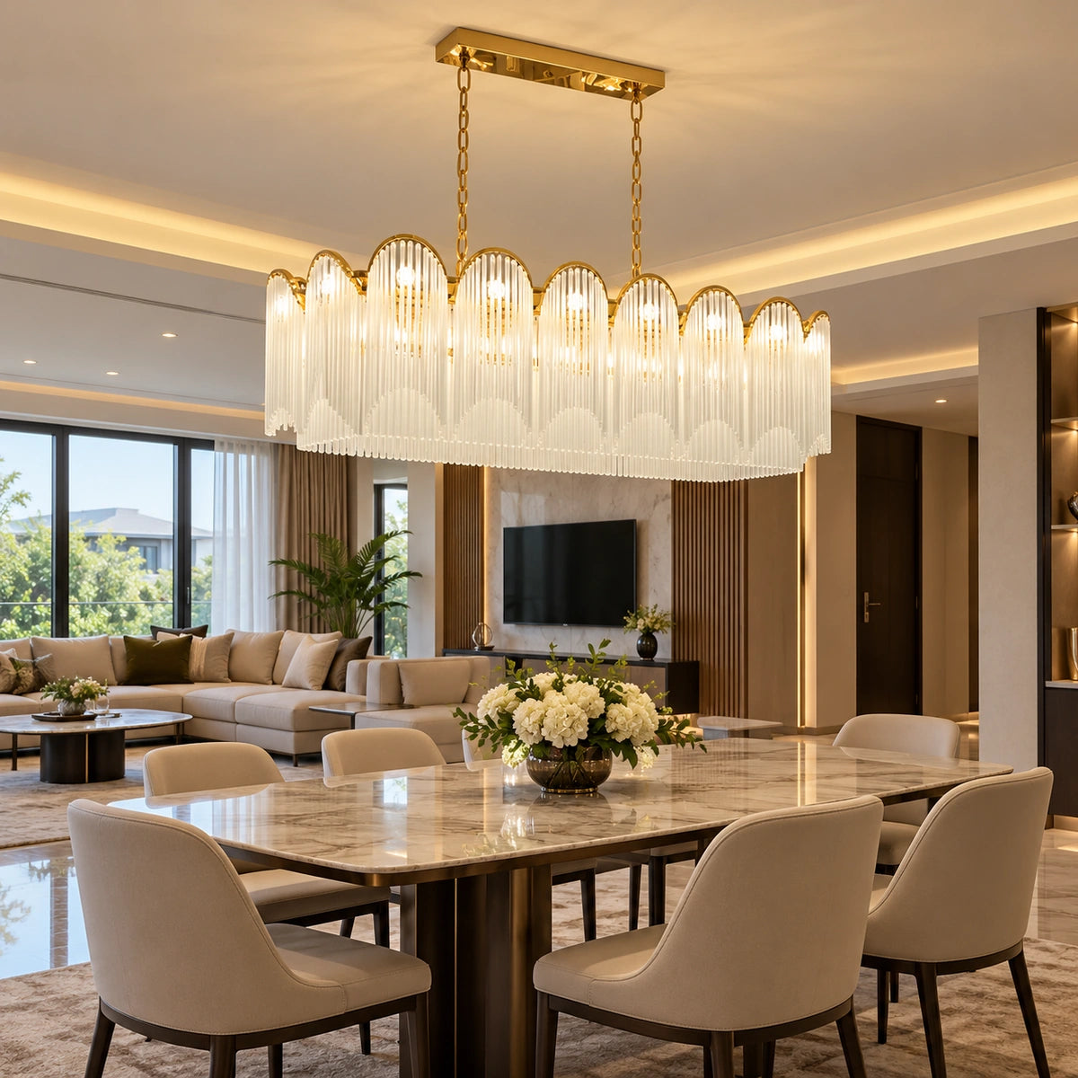 Scalloped frosted-glass chandelier above a dining table