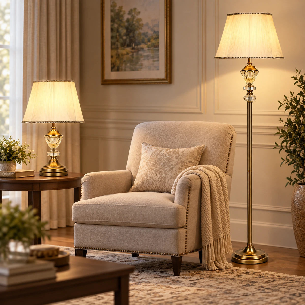 Coordinated crystal accent table and floor lamps in a seating area