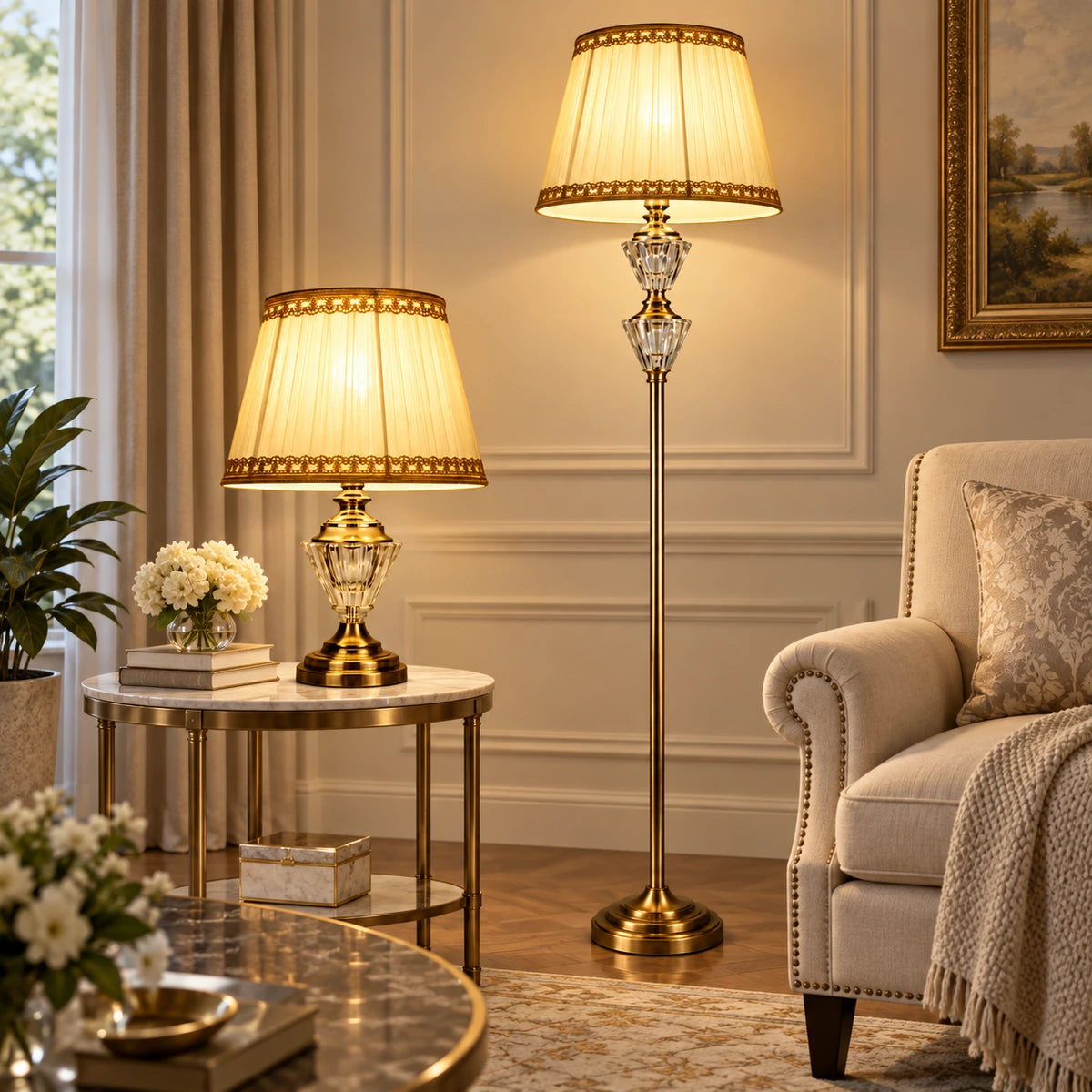Coordinated faceted crystal table and floor lamps in a seating area