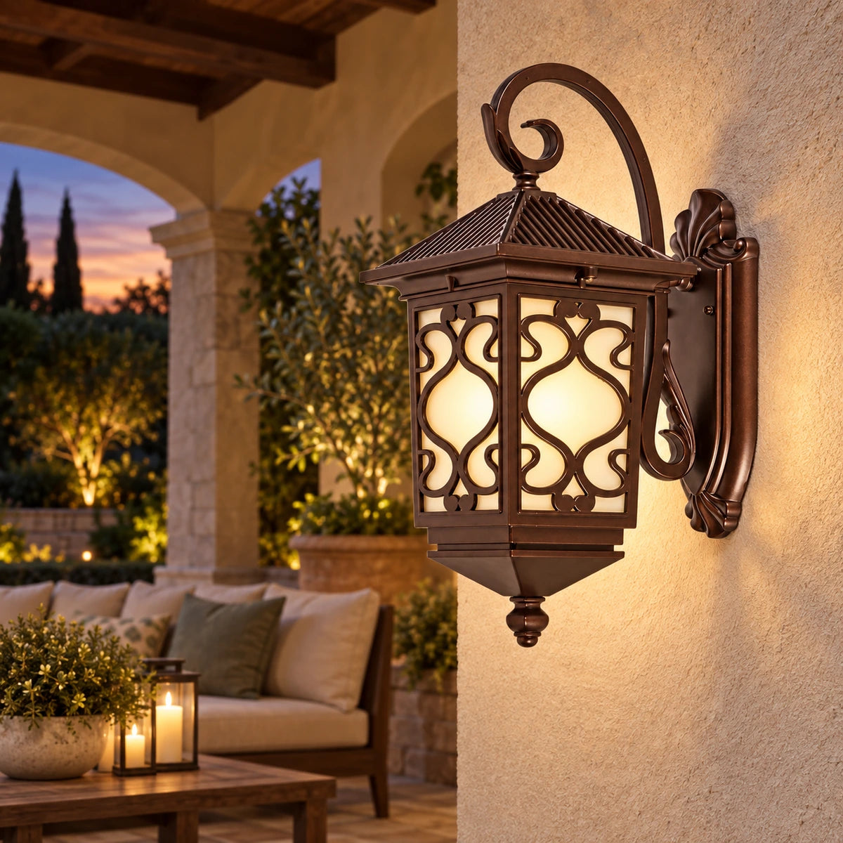 Ornate scrollwork wall lantern in a covered courtyard seating area