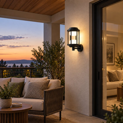 Twin-glow cage wall light at realistic scale on a covered balcony