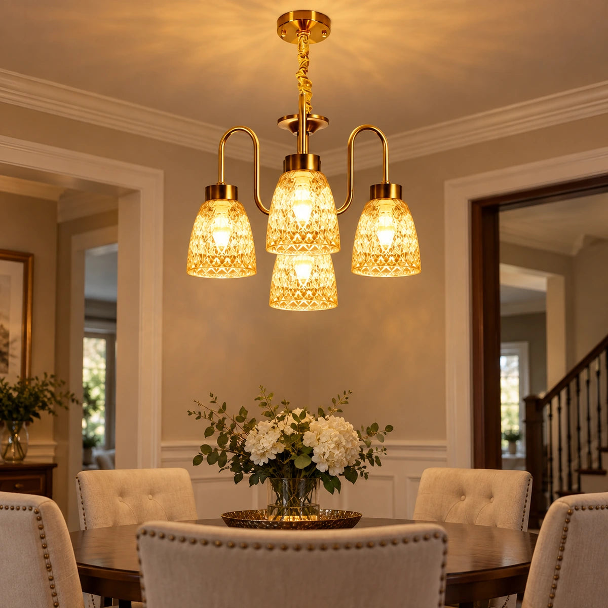 Four-light amber patterned-glass chandelier illuminating a dining area