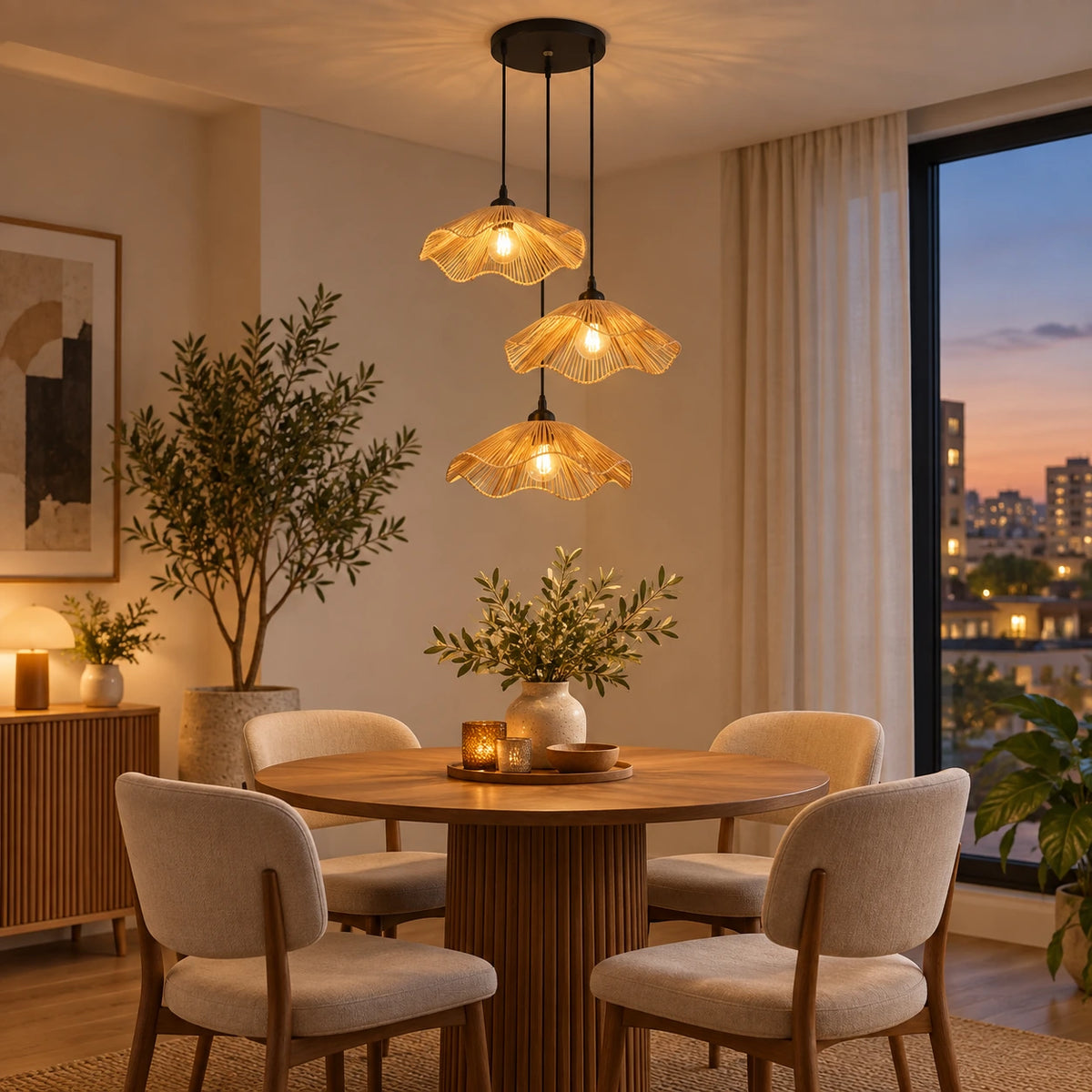 Lotus weave three-light pendant cluster shown in a dining room