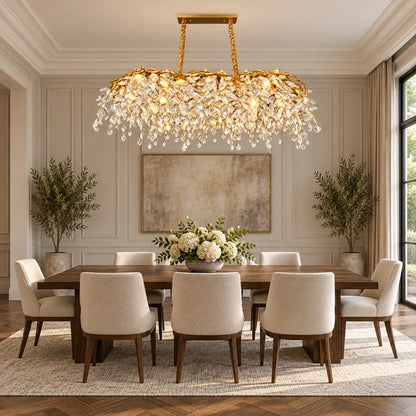 Linear crystal chandelier centered above an eight-seat dining table