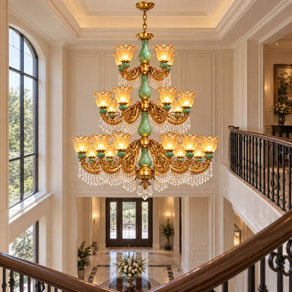 Three-tier chandelier suspended through a double-height stairwell void