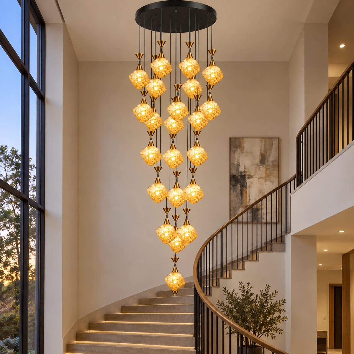 Amber glass cluster chandelier in a tall stairwell
