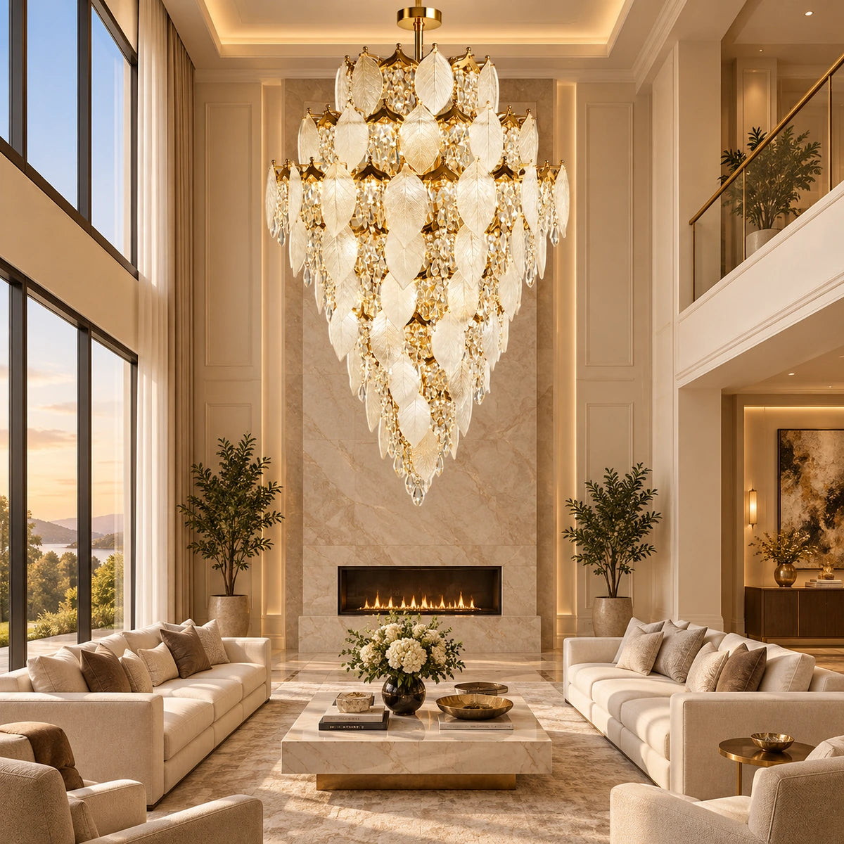 Grand frosted leaf chandelier in a double-height living room