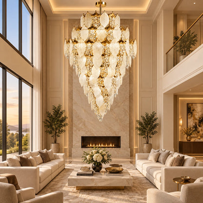 Grand frosted leaf chandelier in a double-height living room