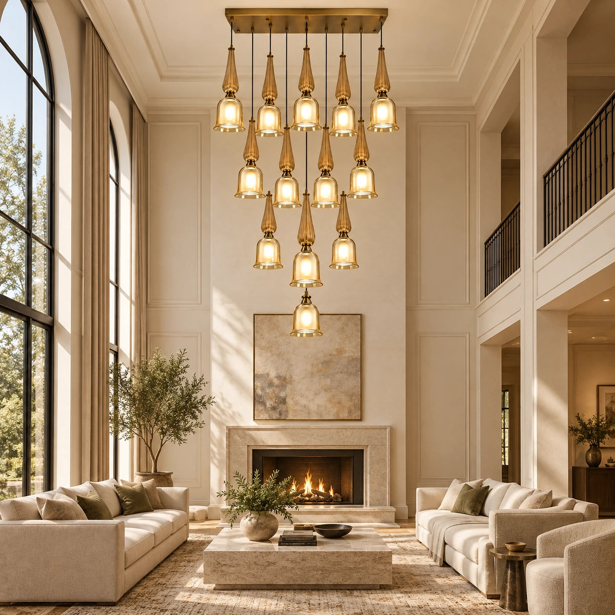 Thirteen-light amber glass chandelier in a double-height living room