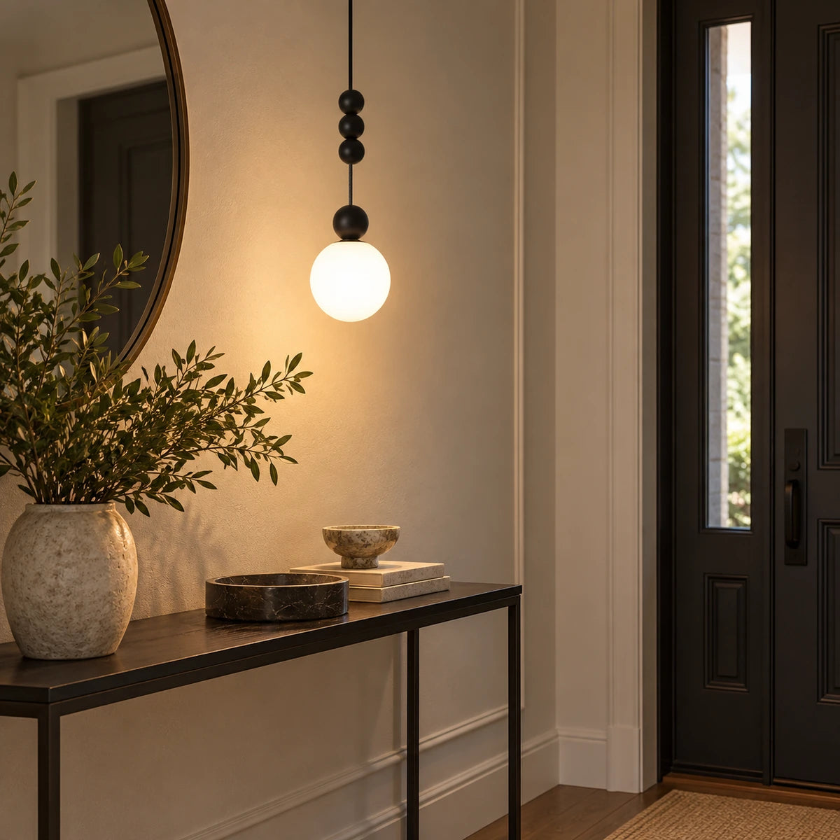 Single decorative globe pendant above an entryway console