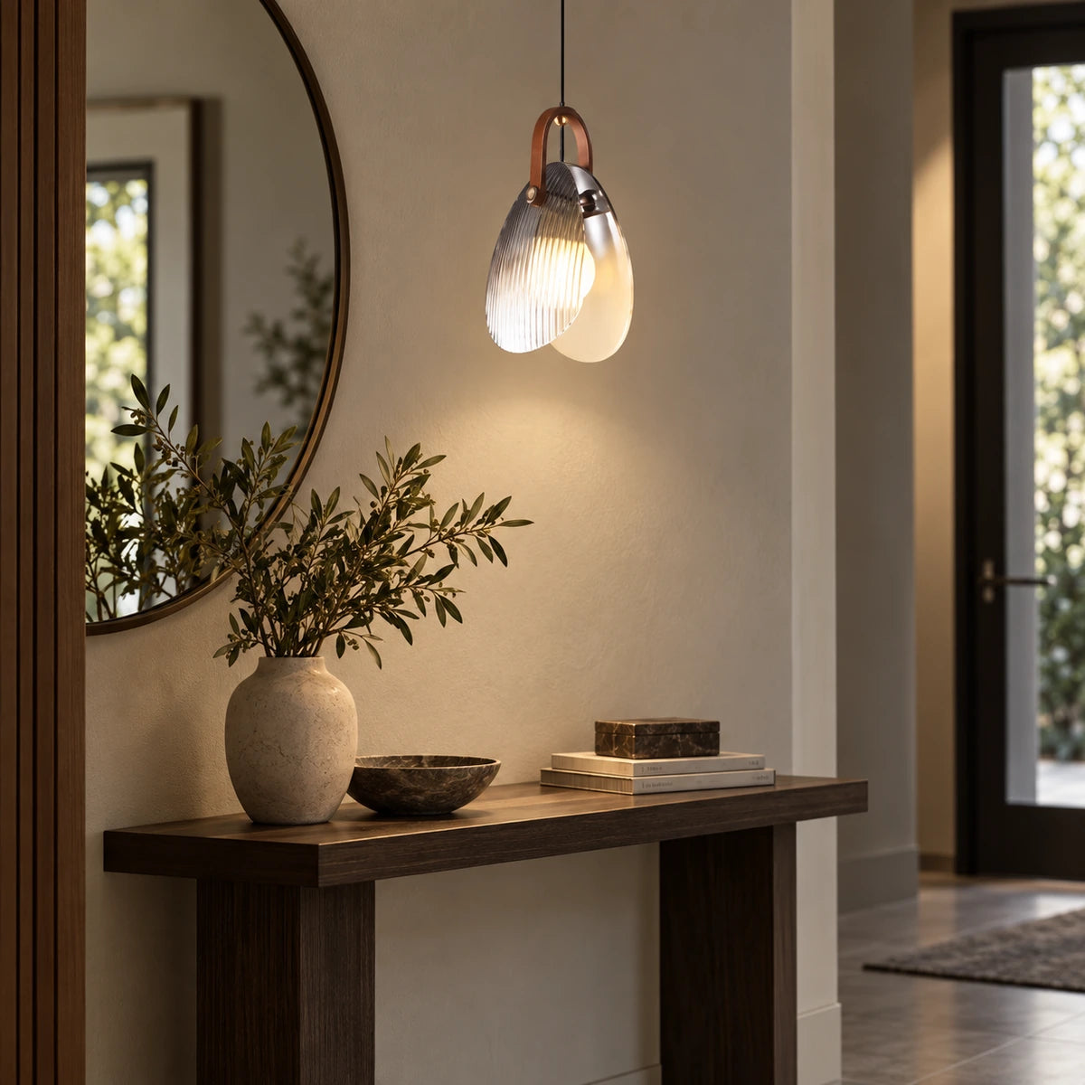 Single double-glass teardrop pendant above an entryway console