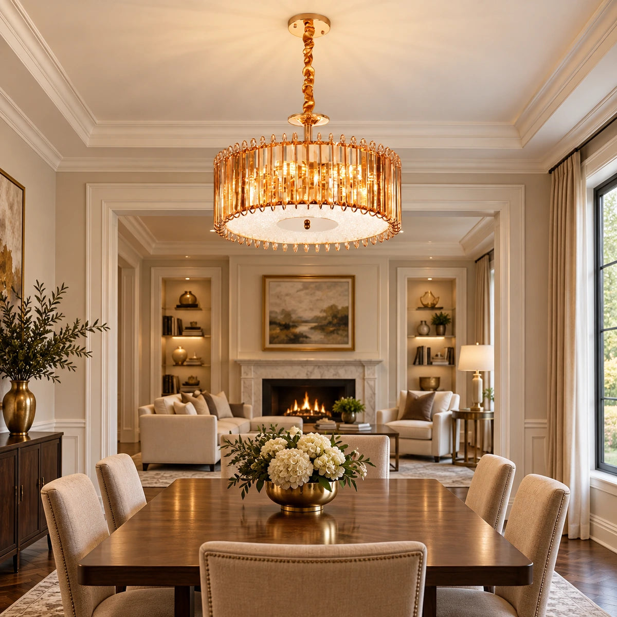 Amber crystal drum chandelier in a formal living and dining room