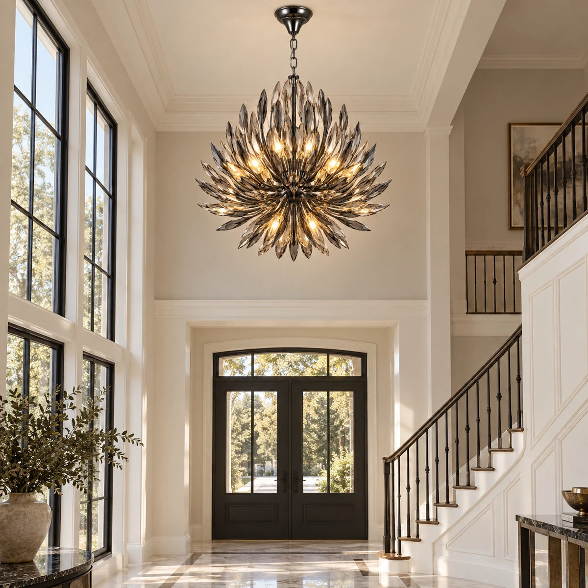 Smoke crystal branch chandelier in a double-height foyer