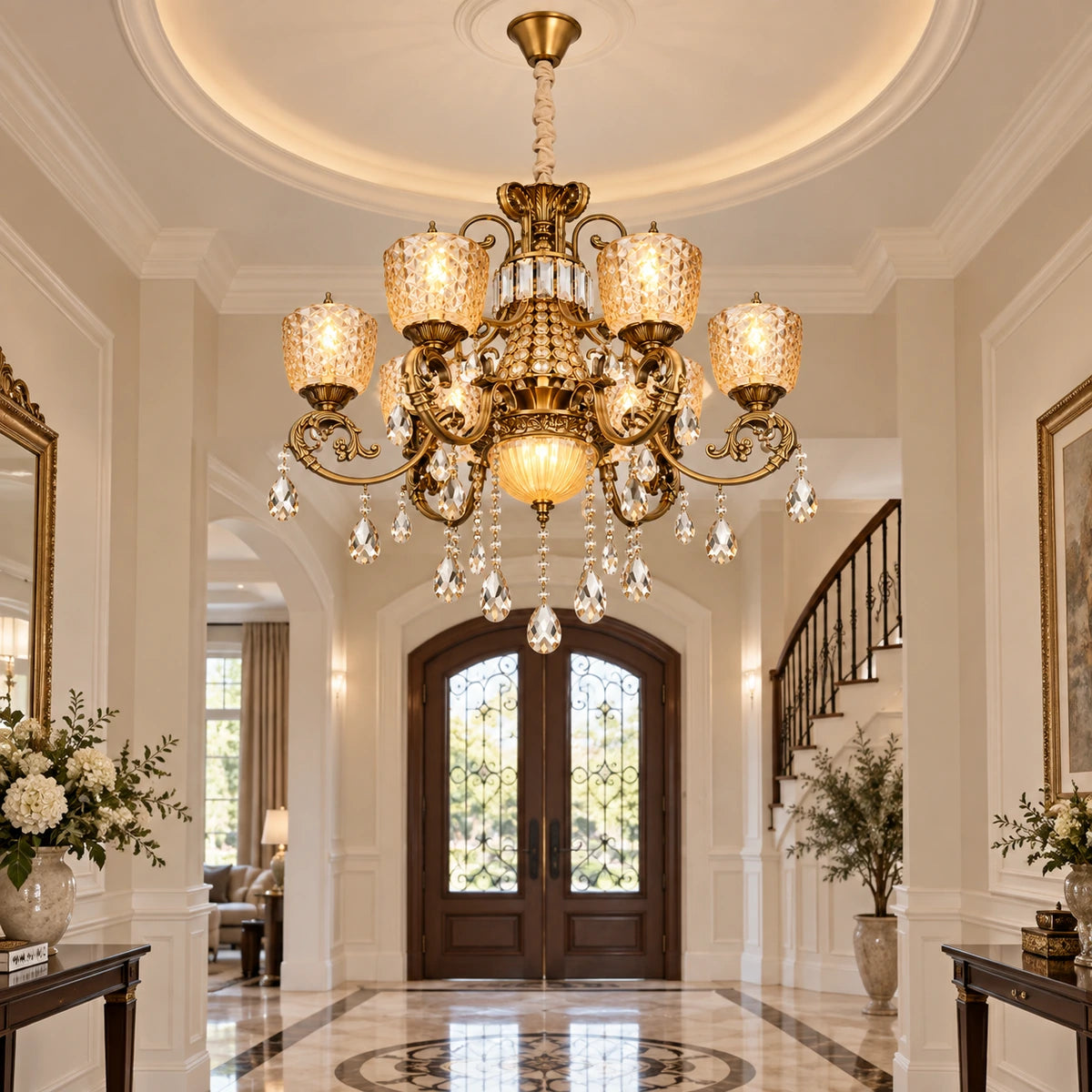 Amber crystal six-light chandelier in a foyer