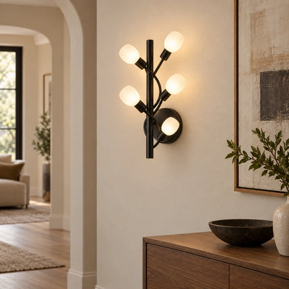 Five-globe black branch wall sconce shown in a hallway
