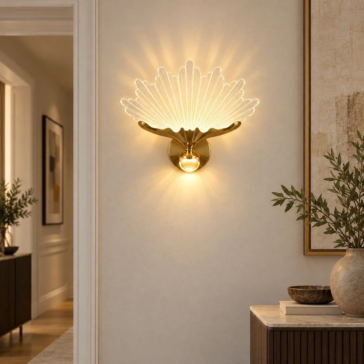Radiant fan illuminated wall art shown in a hallway