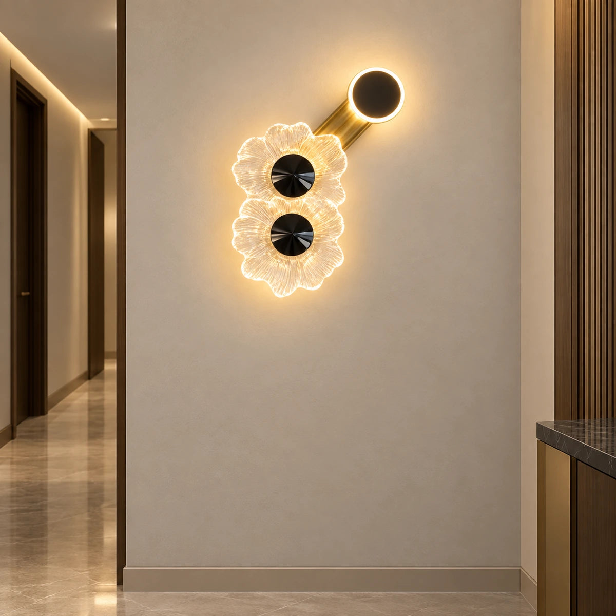 Floral halo illuminated wall art shown in a hallway