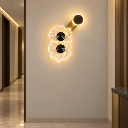 Floral halo illuminated wall art shown in a hallway