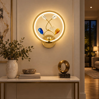 Botanical ring illuminated wall art shown above a hallway console