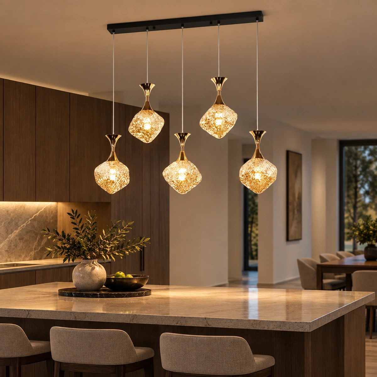 Five-light faceted glass cluster pendant illuminating a kitchen-dining area