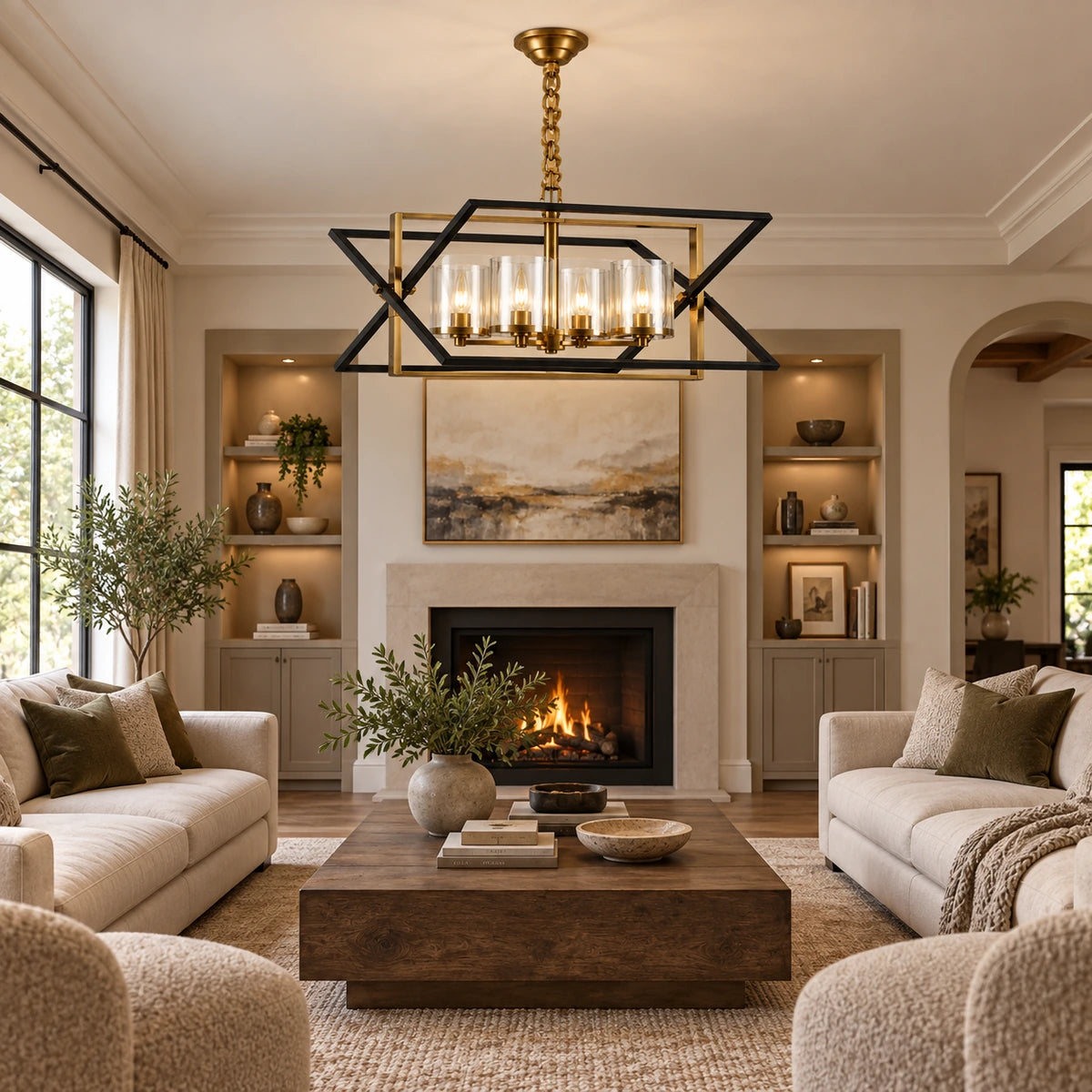 Geometric four-light lantern pendant in a living room