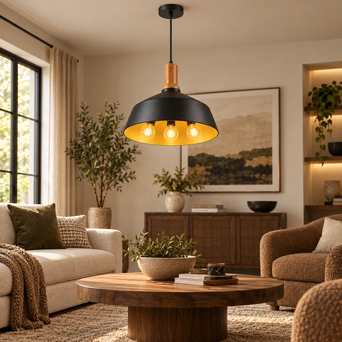Black dome three-light pendant in a living room