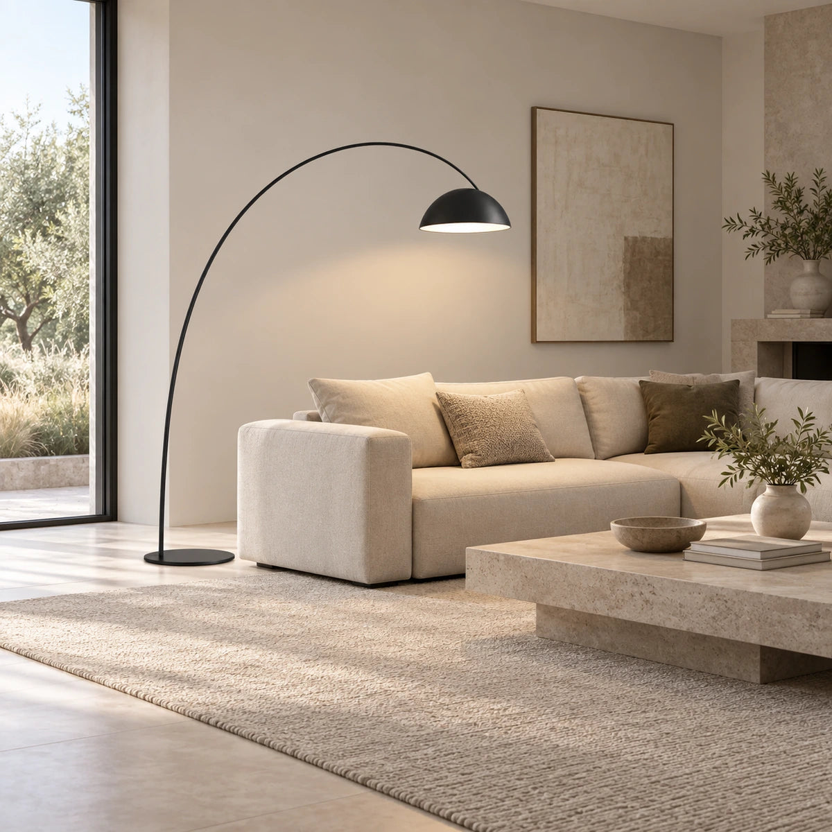 Arc floor lamp at realistic scale in a living room