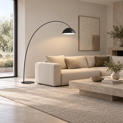 Arc floor lamp at realistic scale in a living room