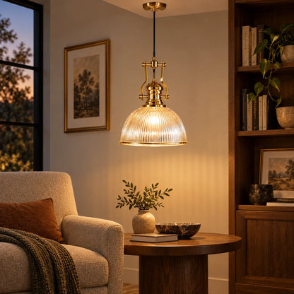 Ribbed lantern dome pendant in a living room reading corner