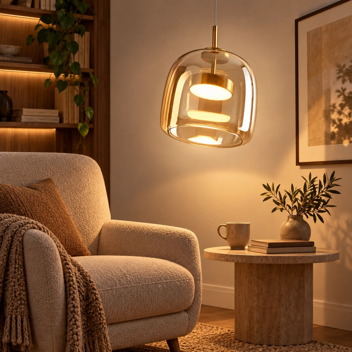 Amber glass disc pendant in a living room reading corner