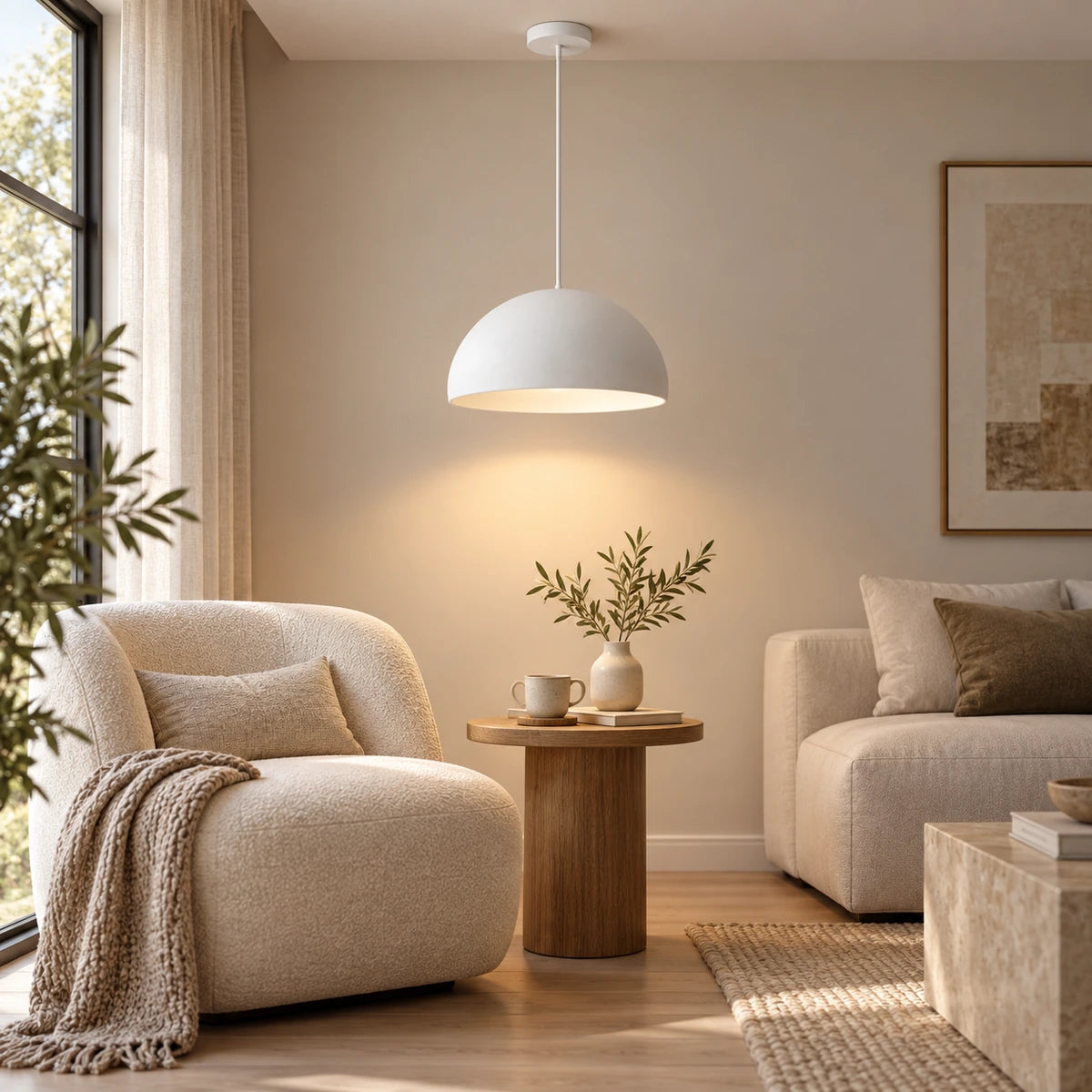White soft dome pendant lighting a living room reading area