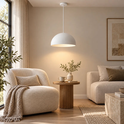 White soft dome pendant lighting a living room reading area