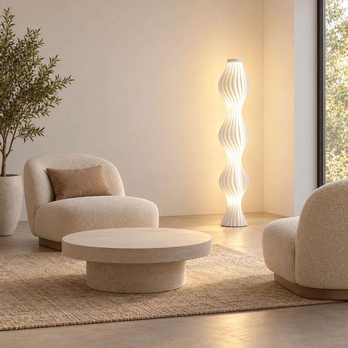 Three-wave floor lamp at realistic scale in a lounge
