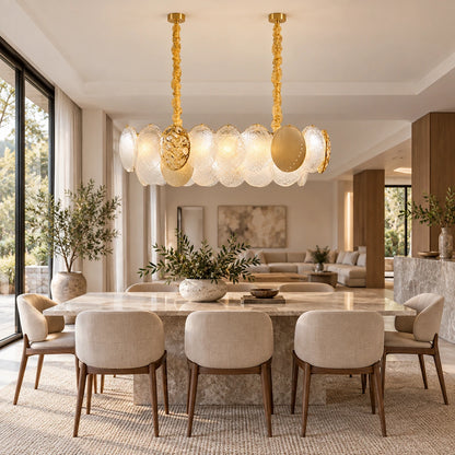 Frosted-disc linear pendant in an open-plan dining room