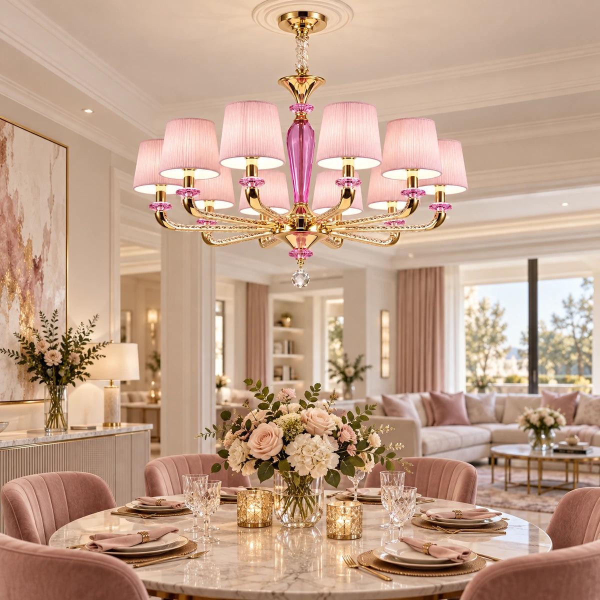 Pink shade ten-light chandelier in an open-plan dining space