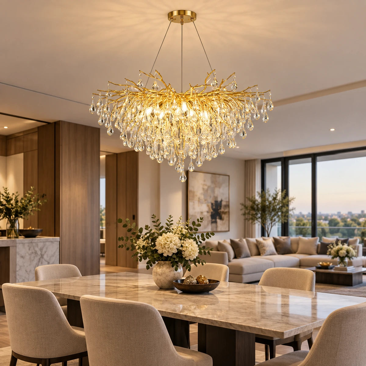 Gold branch crystal chandelier in an open-plan dining room