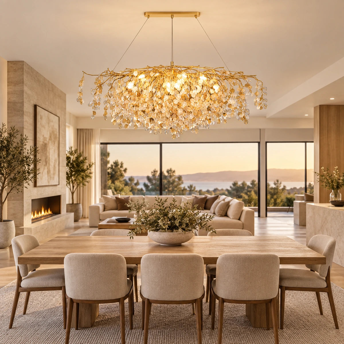 Grand botanical crystal chandelier in an open-plan dining room