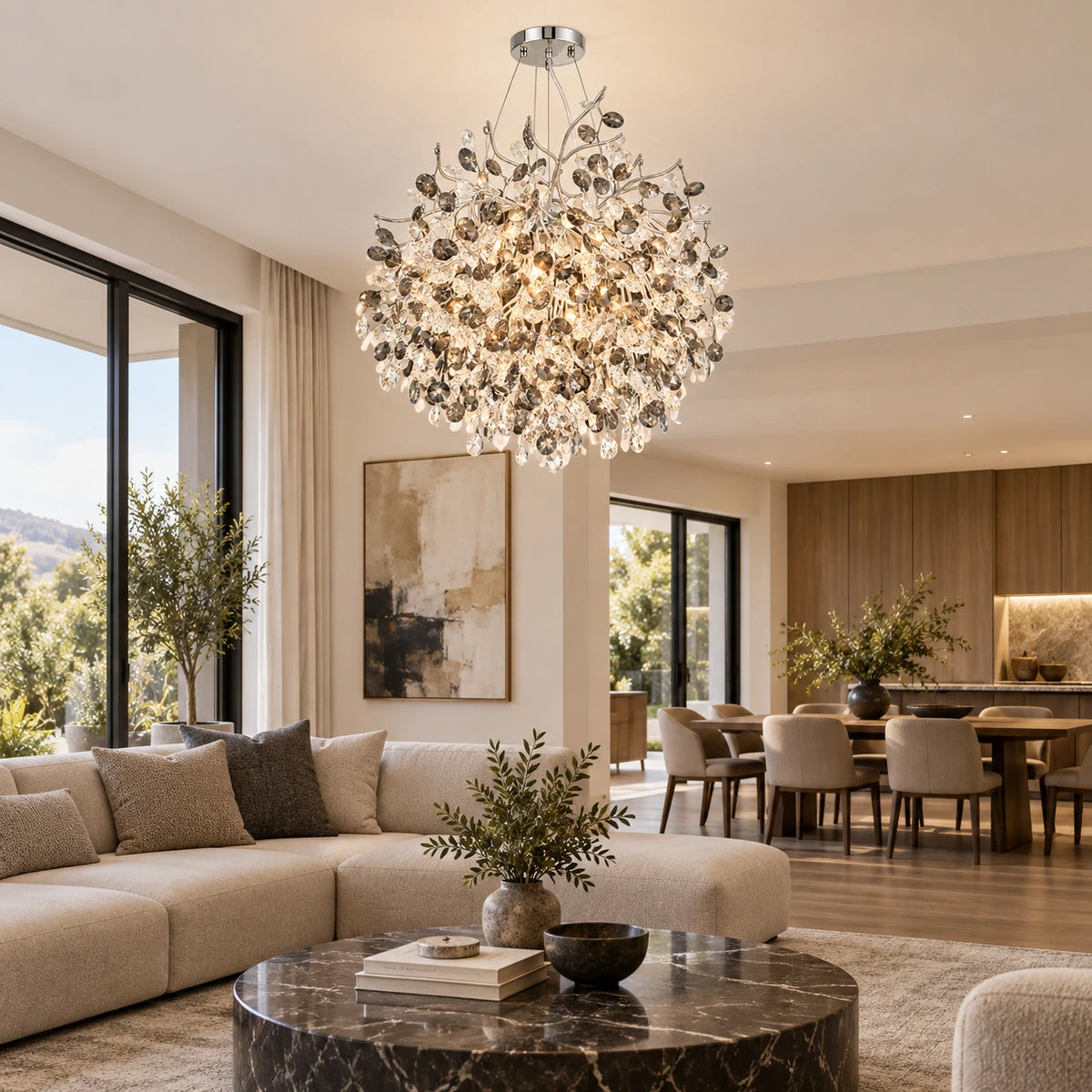 Silver botanical crystal chandelier in an open-plan living room