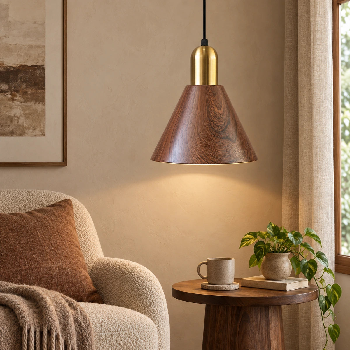 Wood-grain cone pendant in a reading corner