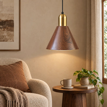 Wood-grain cone pendant in a reading corner