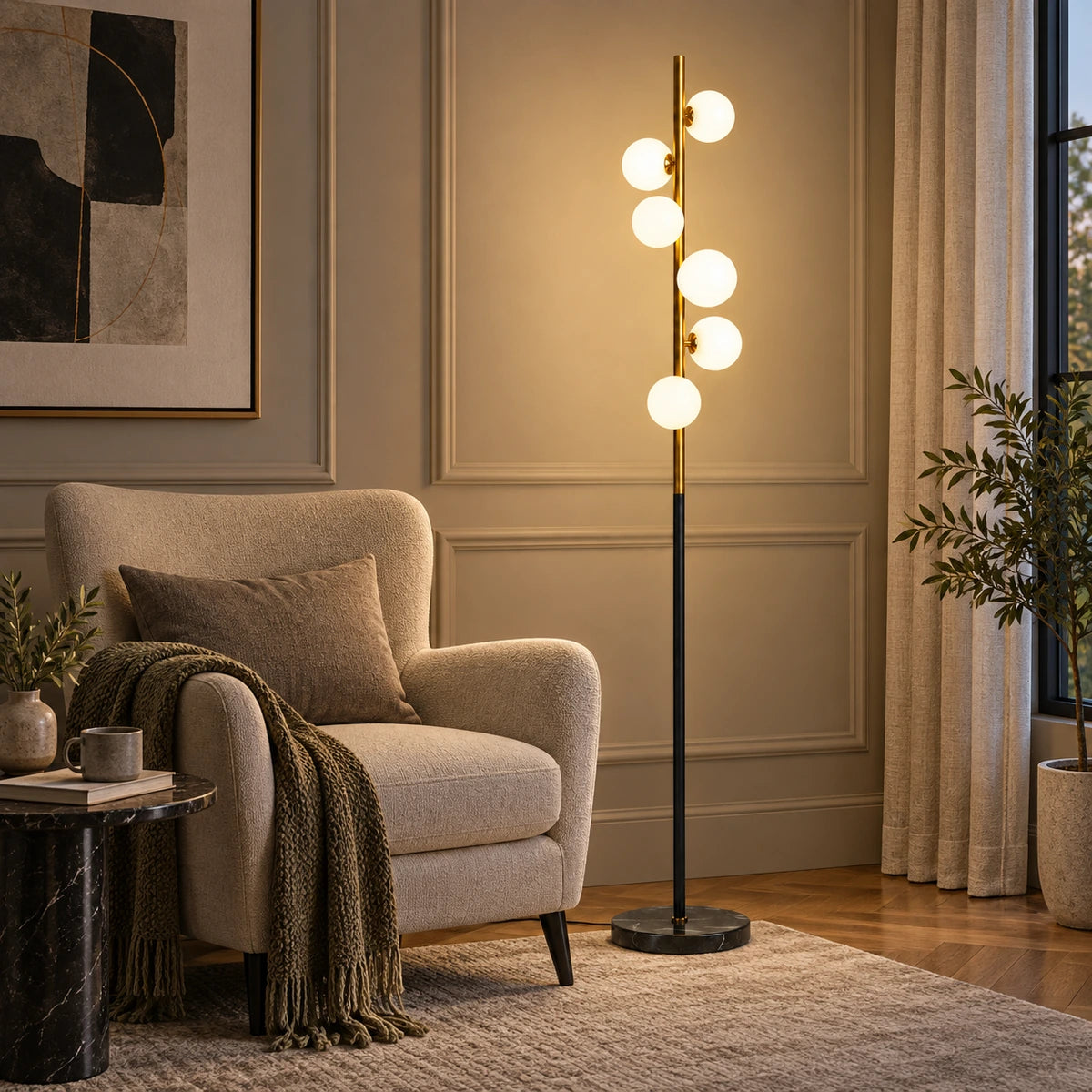Milky globe column floor lamp beside a reading chair