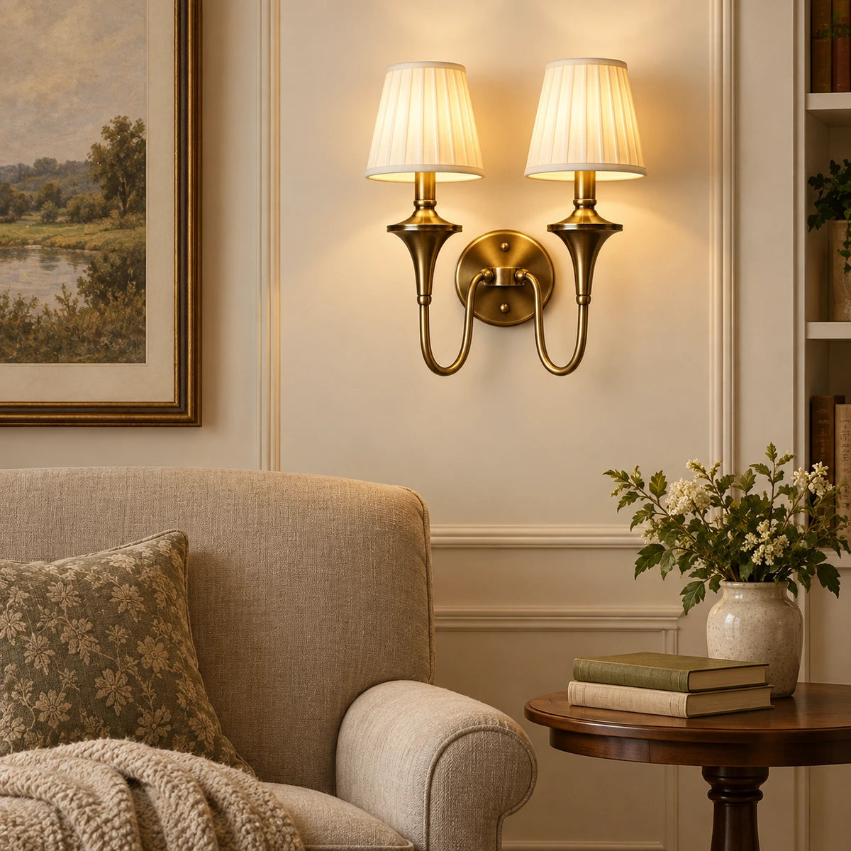 Double arm tapered shade wall sconce illuminating an indoor reading corner
